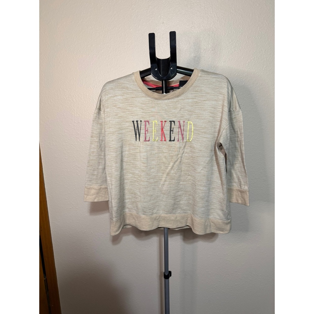 Secret Treasures Womens Weekend Graphic Top Tan Heathered 3/4 Sleeve Large 12-14